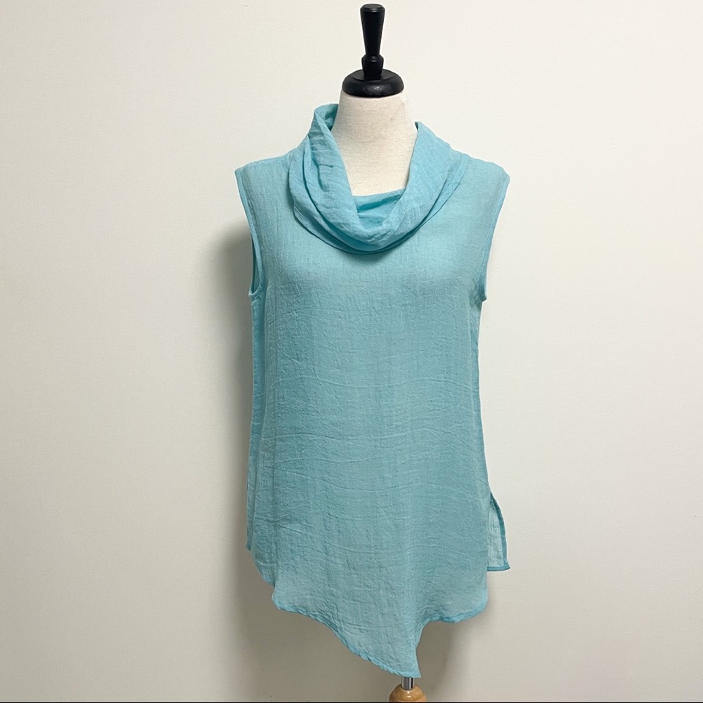 Kontrast Blue Linen Blend Sleeveless Cowl Neck Asymmetrical Blouse NWT Medium